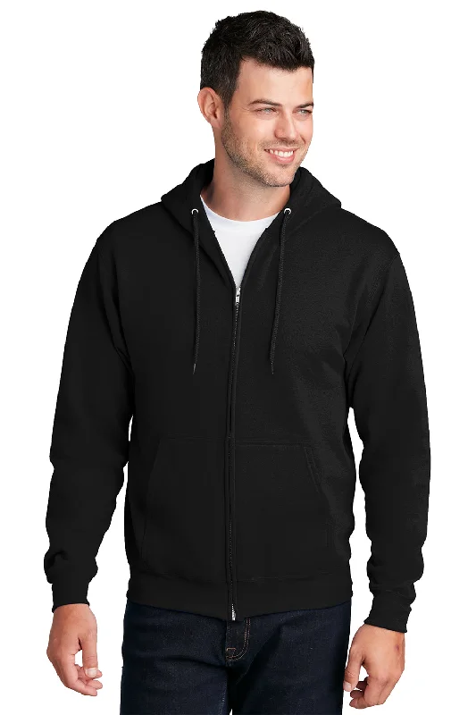 Port & Company Mens Core Pill Resistant Fleece Full Zip Hooded Sweatshirt Hoodie w/ Pockets - Jet Black