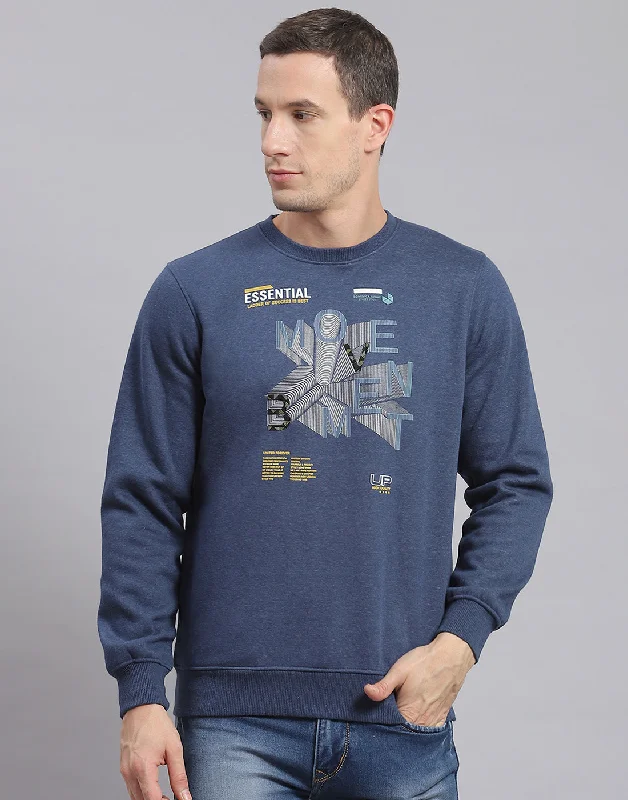 Men Blue Printed Round Neck Full Sleeve Sweatshirt