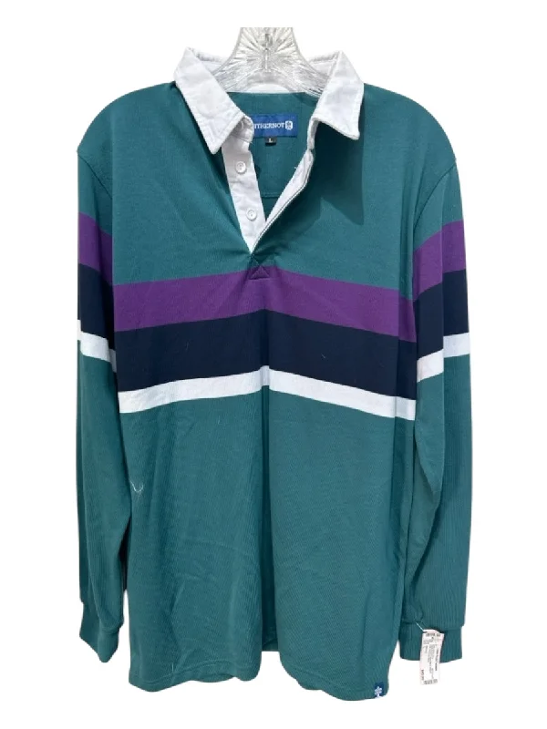 Withernot Size L Green & Multi Cotton Blend Striped Polo Men's Long Sleeve Shirt