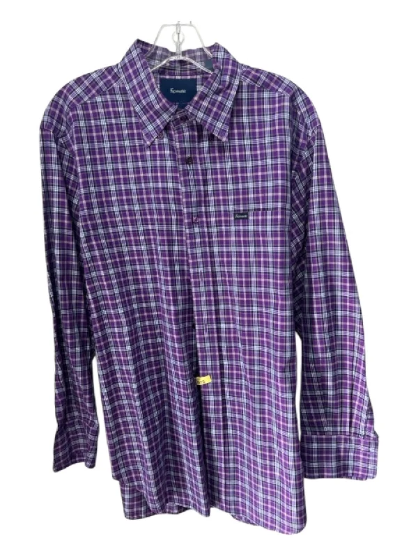 Facconable Size L Purple & Navy Print Cotton Blend Plaid Men's Long Sleeve Shirt