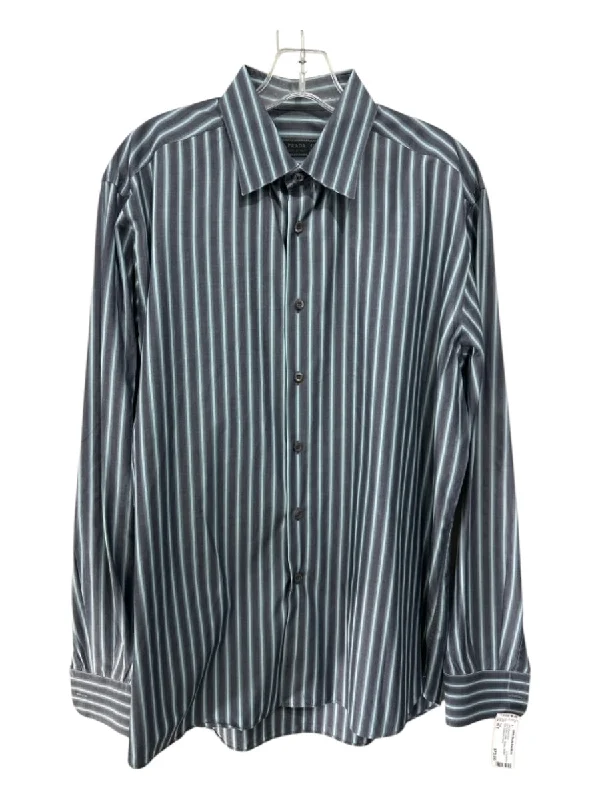 Prada Size 16.5 Navy & Blue Cotton Striped Button Down Men's Long Sleeve Shirt