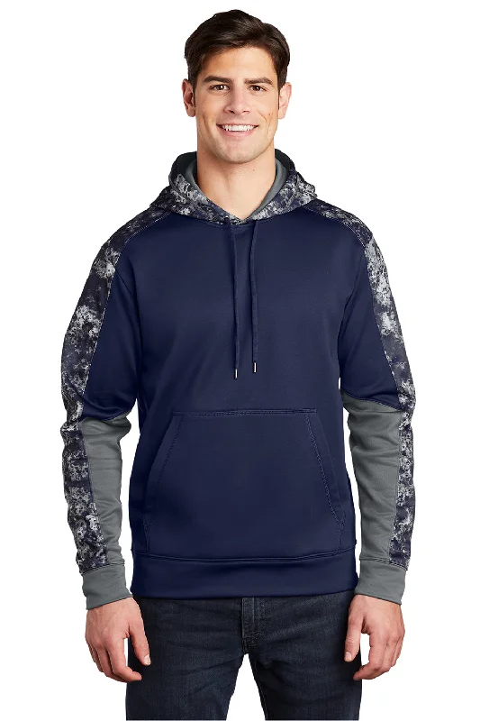 Sport-Tek Mens Sport-Wick Mineral Freeze Moisture Wicking Fleece Hooded Sweatshirt Hoodie w/ Pouch Pocket - True Navy Blue