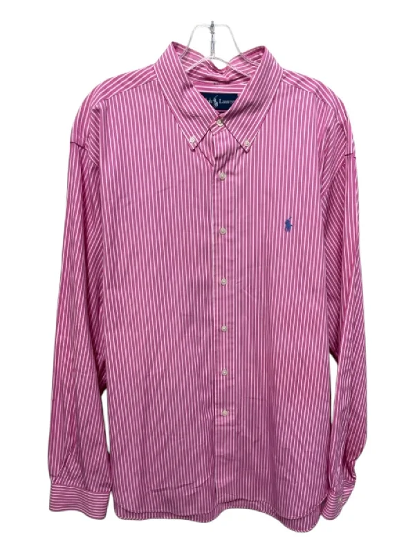 Ralph Lauren Size XXL Pink & White Cotton Blend Striped Men's Long Sleeve Shirt