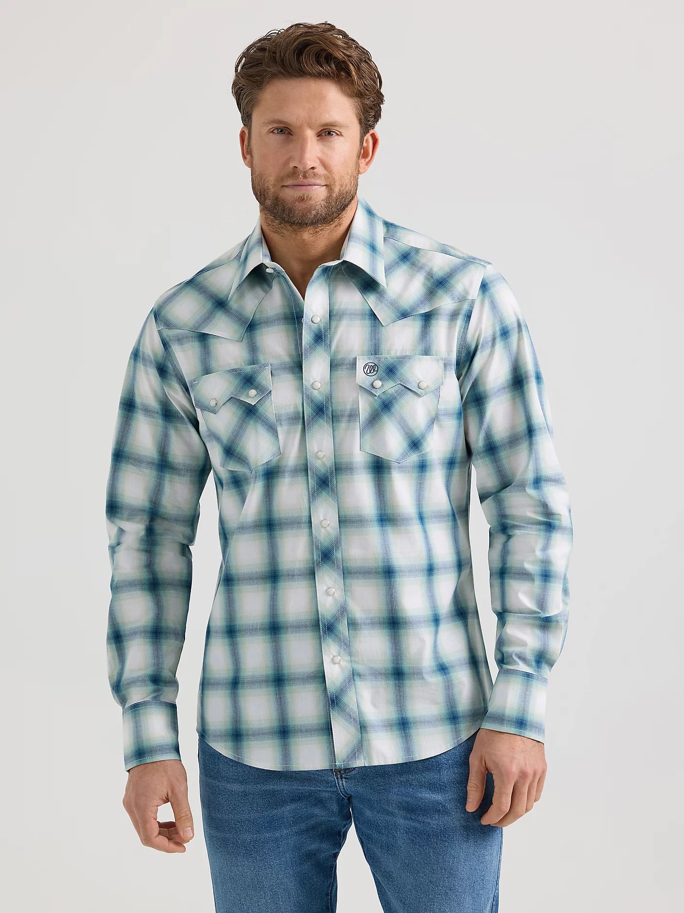 Wrangler Retro Teal Blur Long Sleeve Sawtooth Snap Pocket Shirt