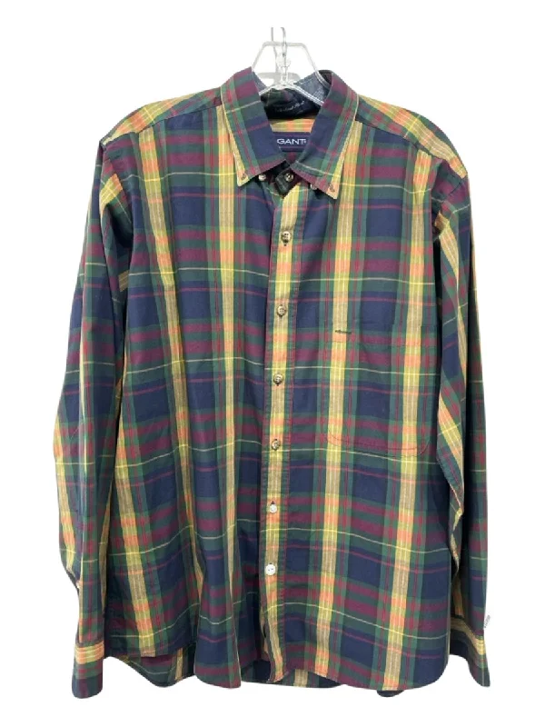 Gant Size L Navy & Yellow Cotton Plaid Button Down Men's Long Sleeve Shirt