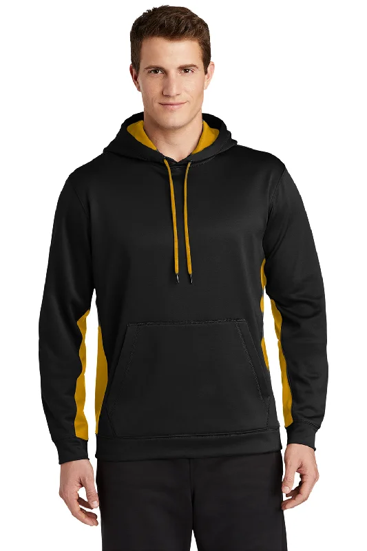 Sport-Tek Mens Sport-Wick Moisture Wicking Fleece Hooded Sweatshirt Hoodie w/ Pouch Pocket - Black/Gold