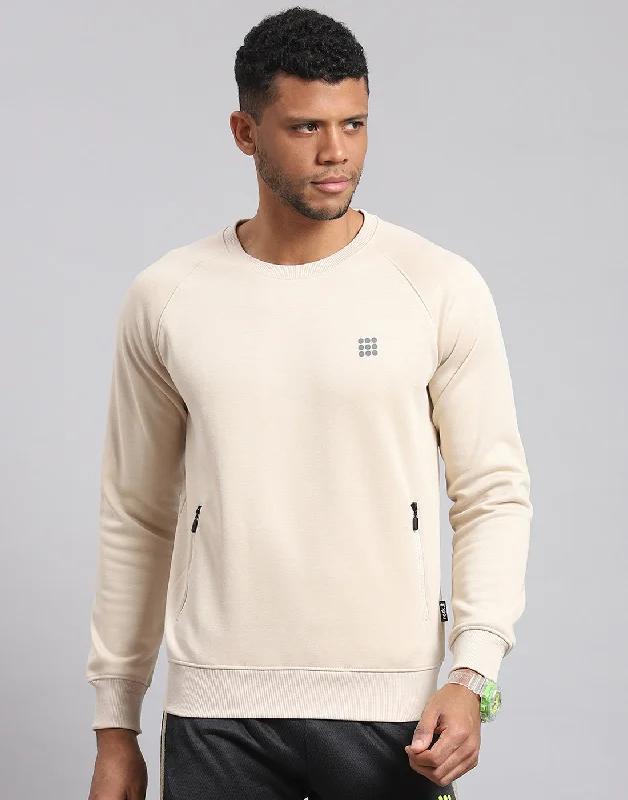 Men Cream Solid Round Neck Full Sleeve Sweatshirt