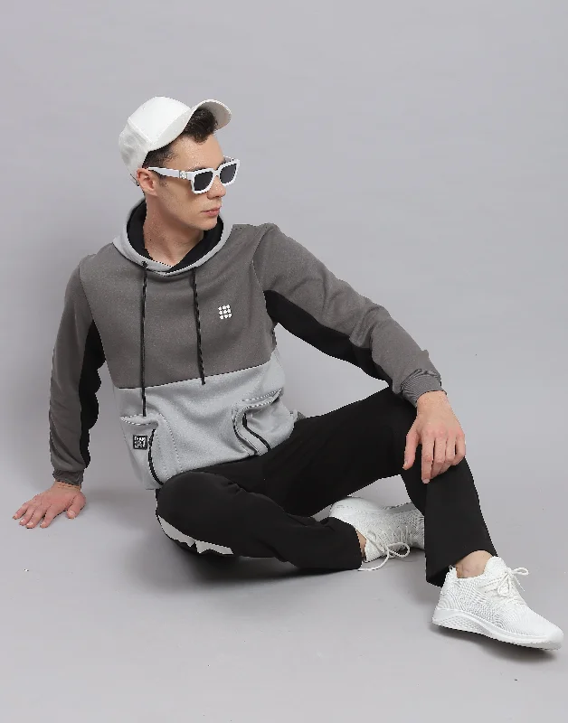 Men Grey Solid Hooded Full Sleeve Sweatshirt