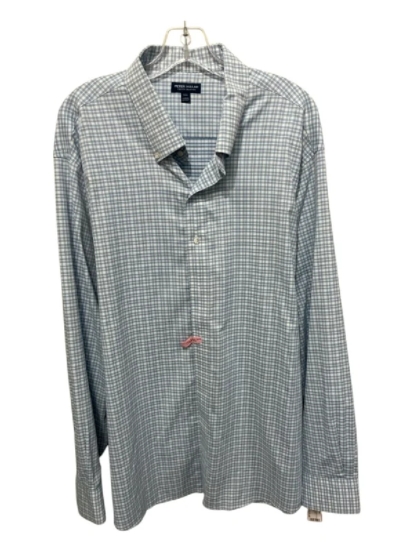 Peter Millar Size XXL Light Blue & White Synthetic Plaid Men's Long Sleeve Shirt