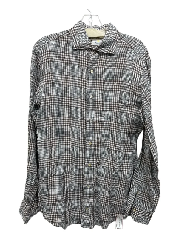 Giannetto Size M Brown & Gray Linen Plaid Button Down Men's Long Sleeve Shirt