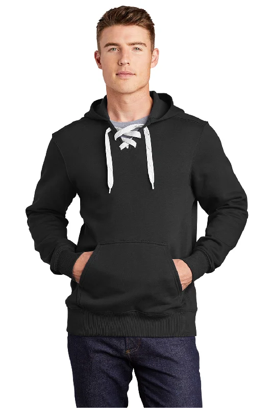 Sport-Tek Mens Lace Up Fleece Hooded Sweatshirt Hoodie w/ Pouch Pocket - Black