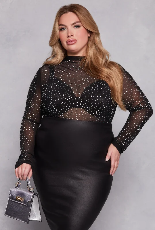 Plus Size Mesh Studded Long Sleeve Top