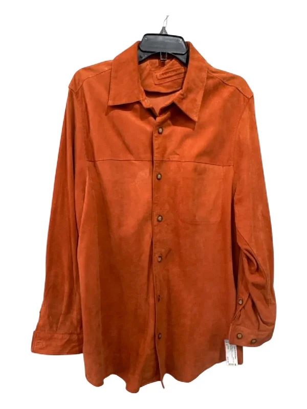 Jhane Barnes Size 44 Orange Leather Solid Buttons Men's Long Sleeve Shirt