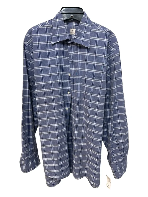 Peter Millar Size L Blue & White Cotton Blend Plaid Men's Long Sleeve Shirt