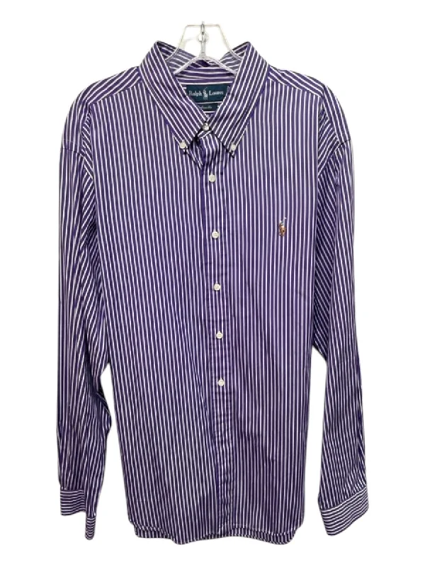 Polo Size XXL Purple & White Cotton Striped Button Down Men's Long Sleeve Shirt