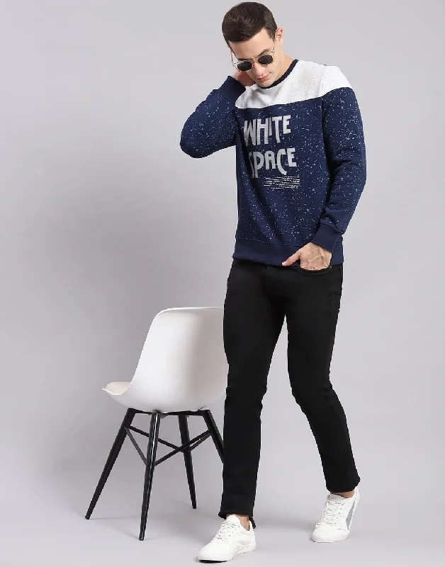 Men Blue Printed Round Neck Full Sleeve Sweatshirts