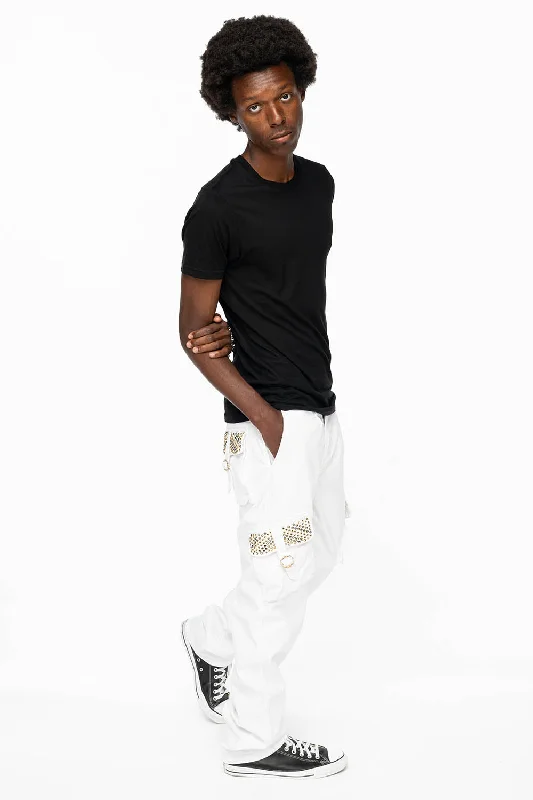 ROBINS NEW MILITARY STYLE CARGO PANTS IN WHITE WITH BLK DIAMOND AND AURUM CRYSTALS