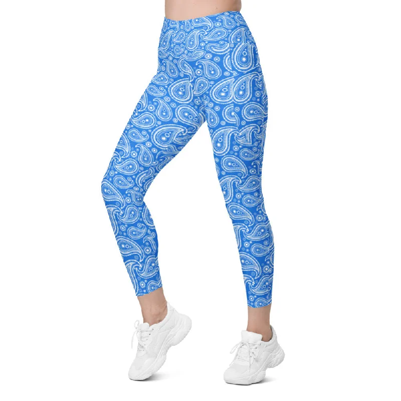 Blue & White Paisley Leggings with Pockets