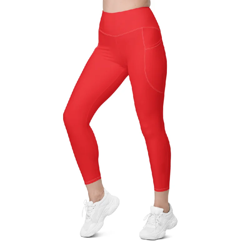 Solid Hot Red Leggings with Pockets