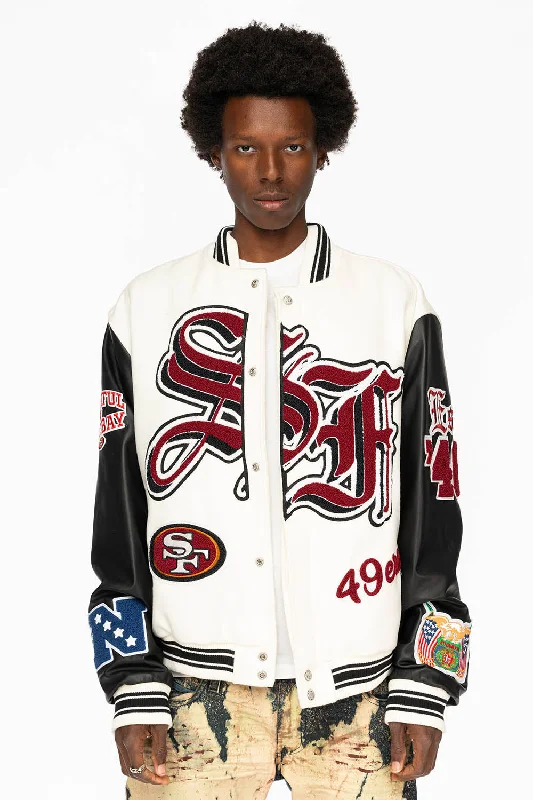 WHITE & BLACK : WOOL & LEATHER VARSITY JACKET-49ers