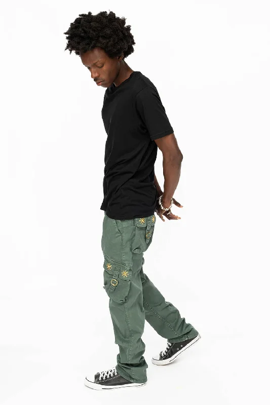 ROBINS NEW MILITARY STYLE CARGO PANTS IN FOREST WASH WITH GUNSLINGER CRYSTAL MOTIF