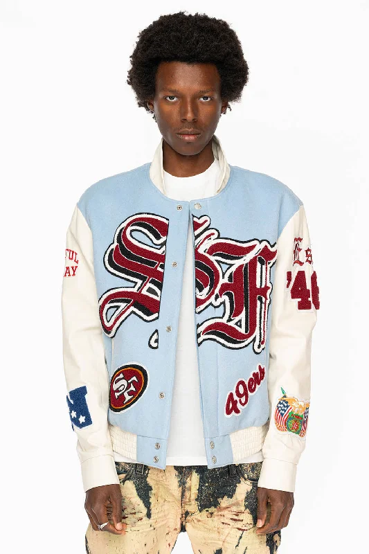 BABY BLUE/WHITE: WOOL & LEATHER VARSITY JACKET