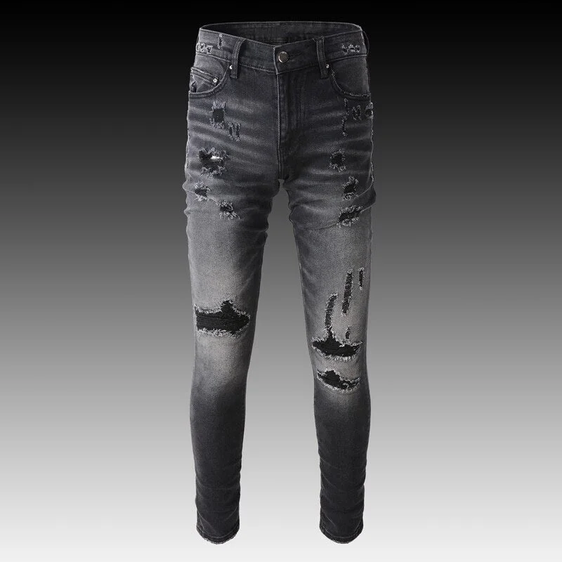 Fashion Streetwear Retro Black Gray Elastic Slim Fit Destroyed Ripped Jeans