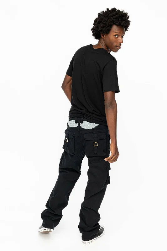 ROBINS NEW MILITARY STYLE CARGO PANTS IN  PURE BLACK WITH EMBROIDERY