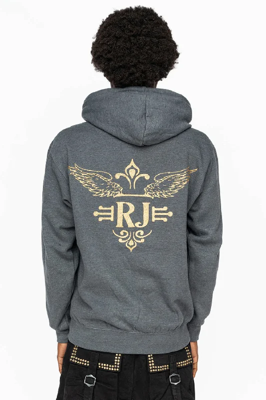 PULLOVER HOODIE IN DARK HEATHER  WITH GOLD GLITTER FLEUR