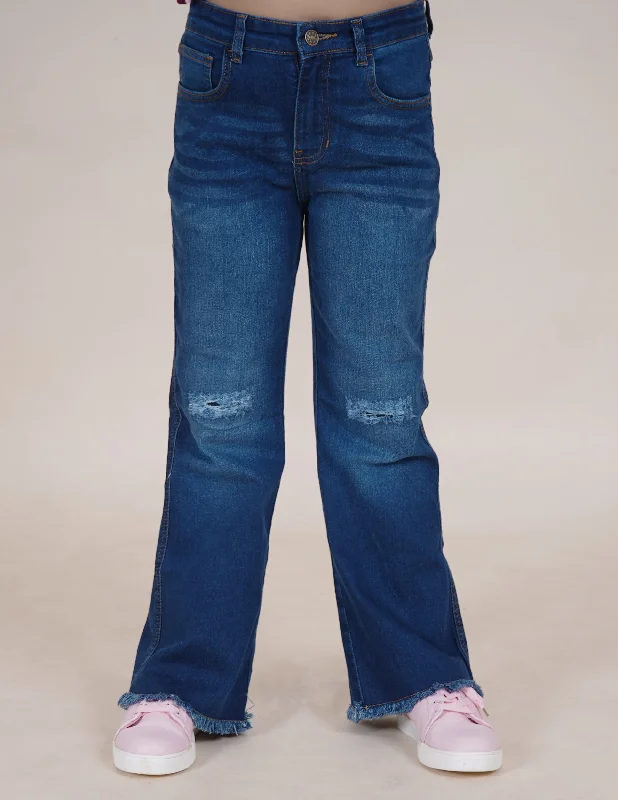 Girls Bottom Flared Knee Distress Stretchable Denim Jeans With Adjustable Elastic Waist