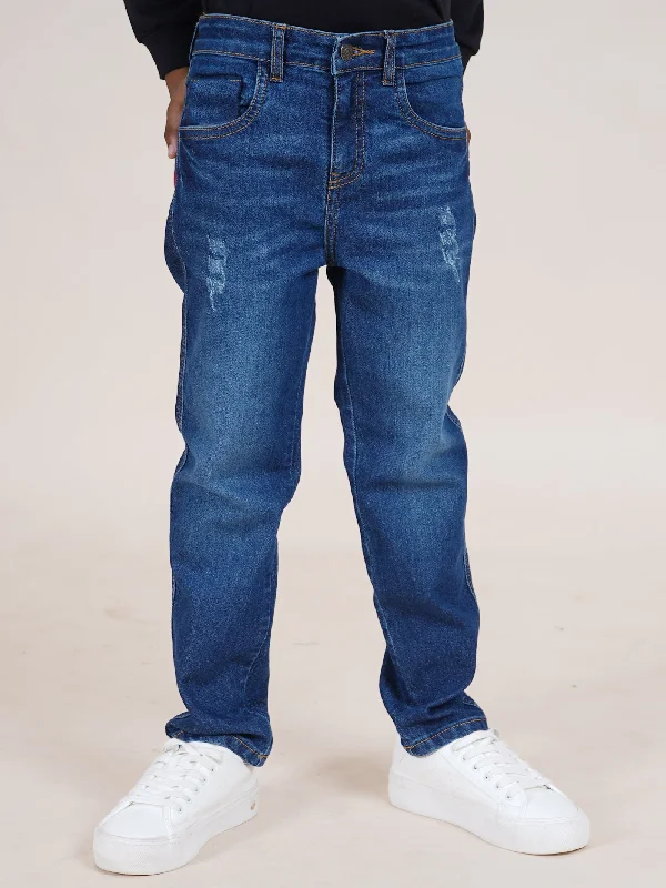 Boys Full Length  Denim Jeans With Mild Distress