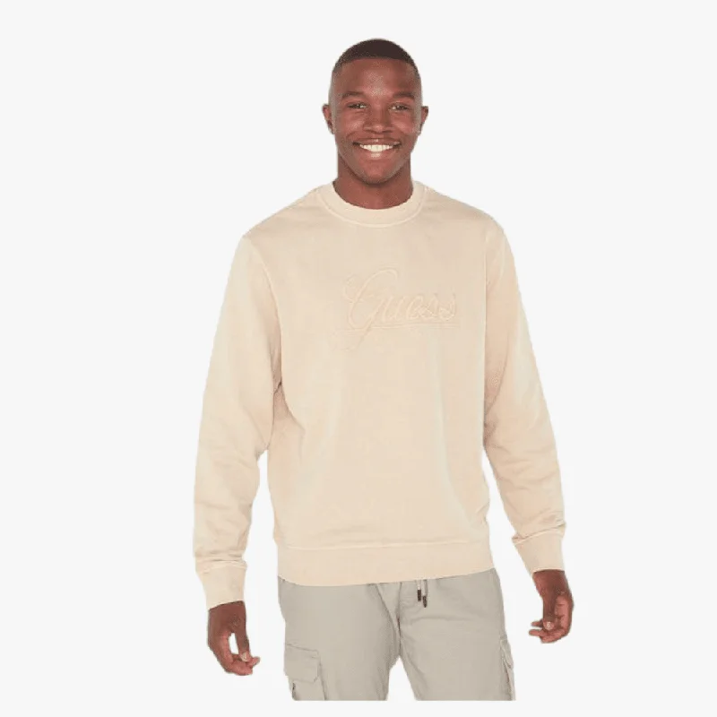 Guess Mens Melvyn Cn Fleece Sweater Beige Blanco