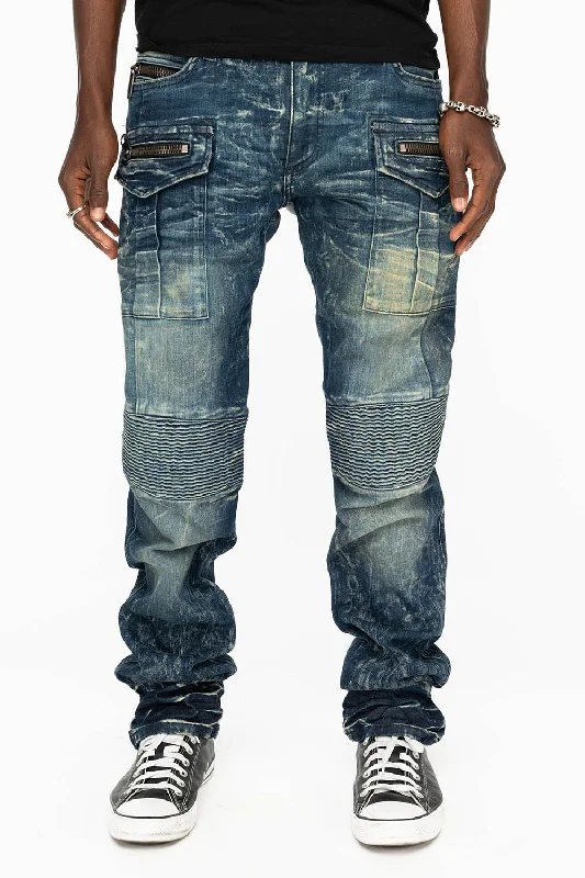 TINTIN DOUBLE CARGO POCKET BIKER JEANS WITH FLAP BACK POCKET IN DARK BLUE WASH