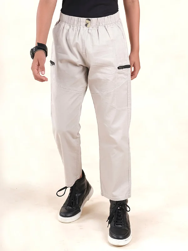 Boys Cotton Elastane Full Length Solid Cargo Pant