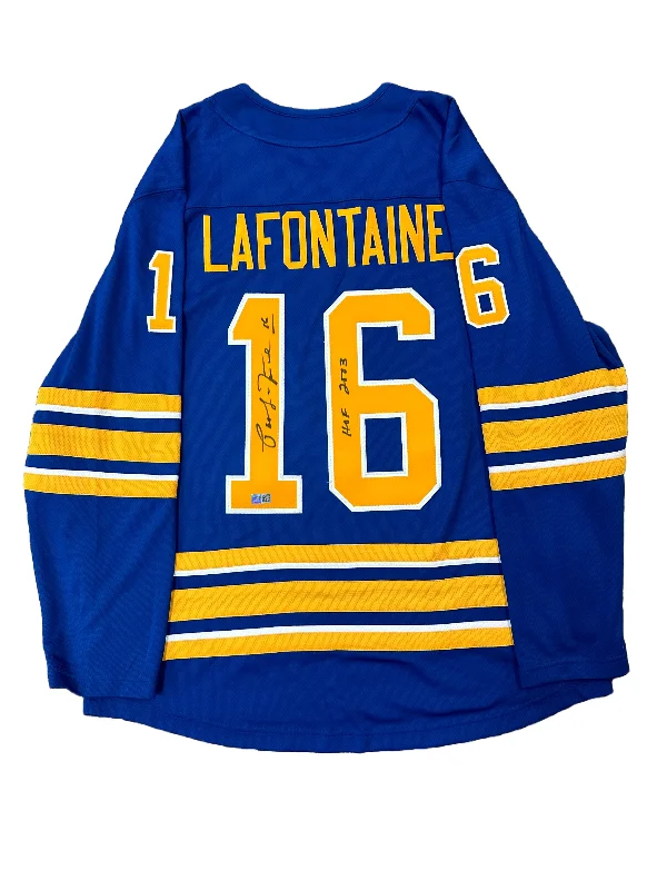 Pat LaFontaine Signed Buffalo Sabres Fanatics Authentic Blue Jersey with HOF 03