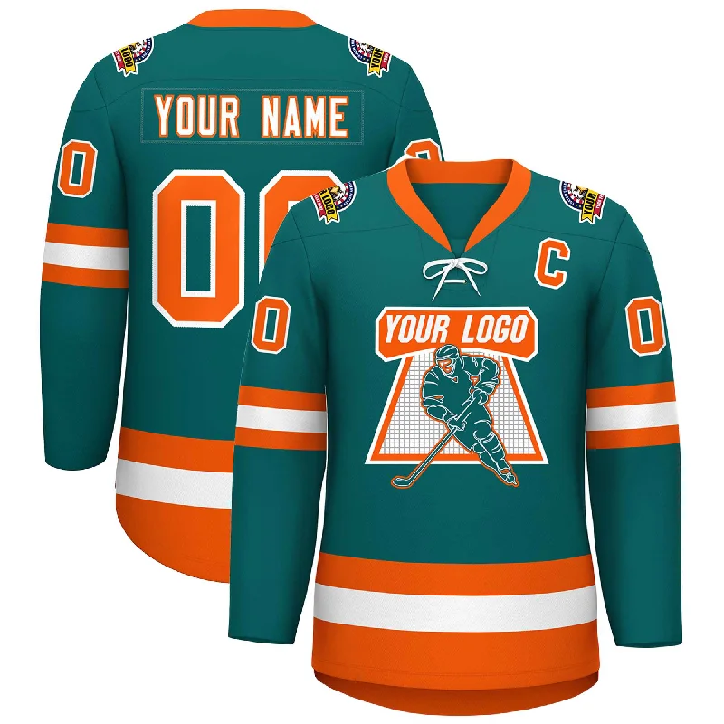 Custom Aqua White-Orange Lace-Up Neck Hockey Jersey