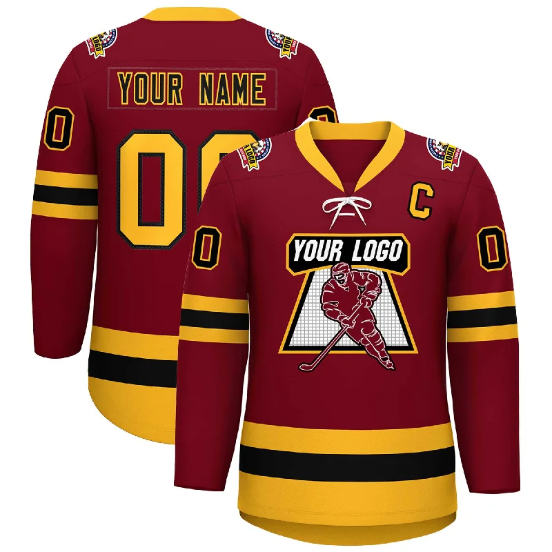 Custom Crimson Black-Gold Lace-Up Neck Hockey Jersey