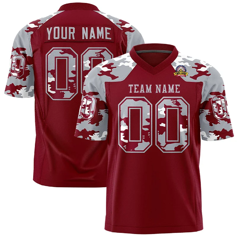 Custom Crimson Gray Personalized Camo Authentic Football Jersey