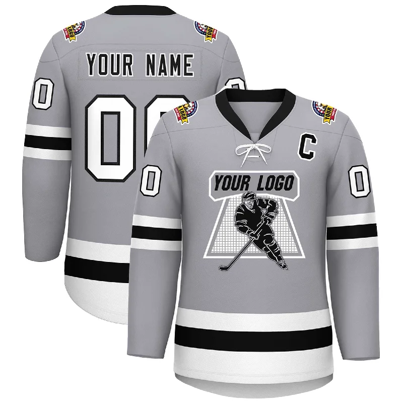 Custom Gray Black-White Lace-Up Neck Hockey Jersey