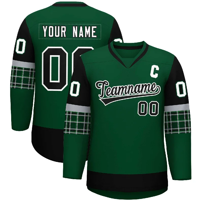 Custom Green Black-White Personalized Raglan Sleeves V-Neck Hockey Jersey