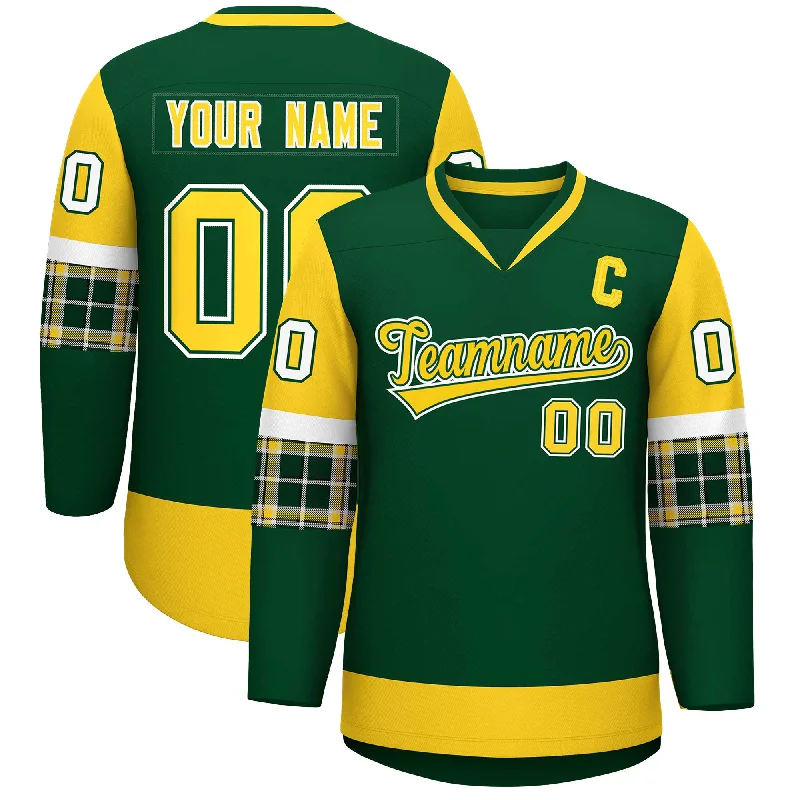 Custom Green Gold-White Personalized Raglan Sleeves V-Neck Hockey Jersey