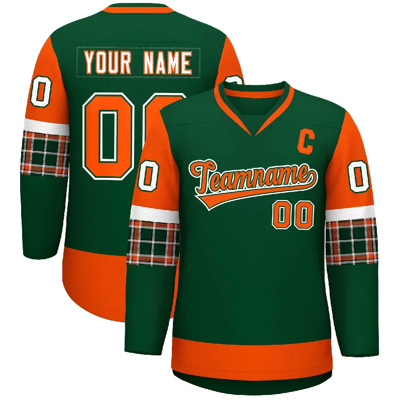 Custom Green Orange-White Personalized Raglan Sleeves V-Neck Hockey Jersey