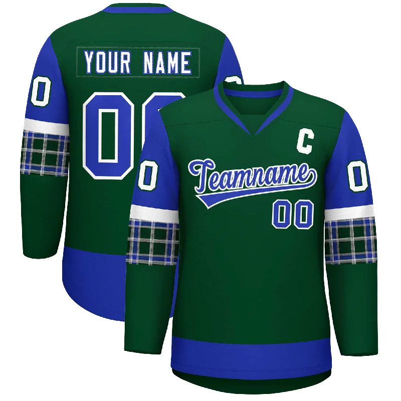 Custom Green Royal-White Personalized Raglan Sleeves V-Neck Hockey Jersey