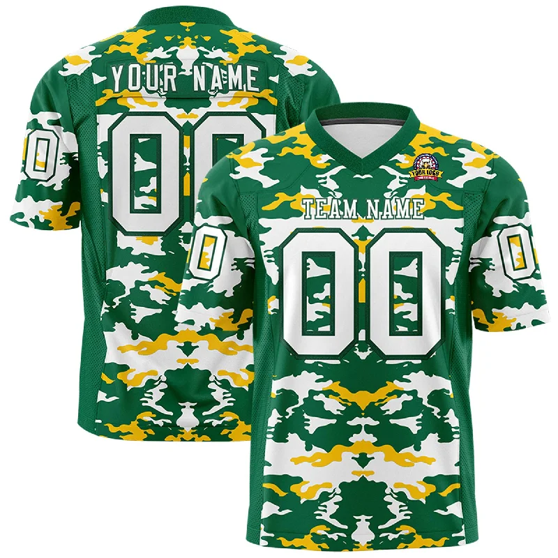 Custom Kelly Green Gold-White Personalized Camo Authentic Football Jersey