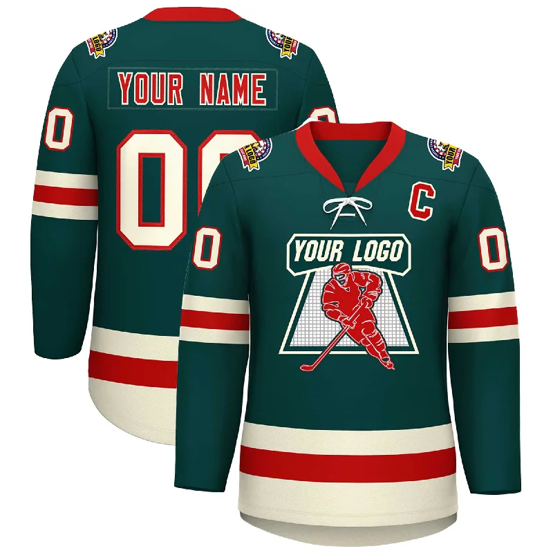 Custom Midnight Green Red-Cream Lace-Up Neck Hockey Jersey