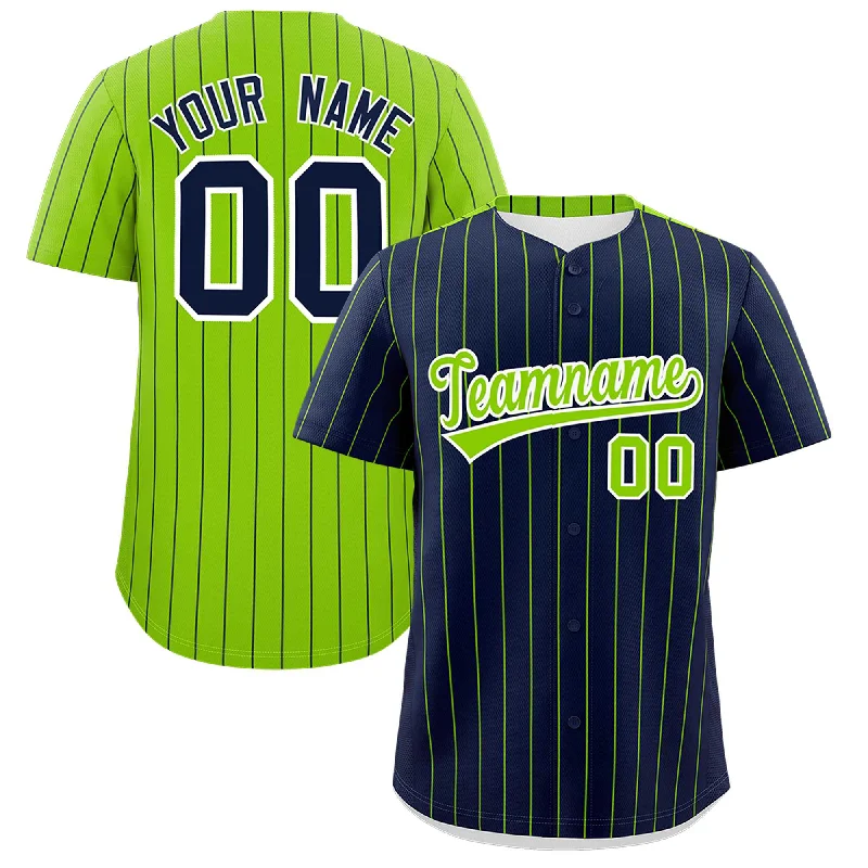 Custom Navy Neon Green Pinstripe Personalized Two-Tone Authentic Baseball Jersey