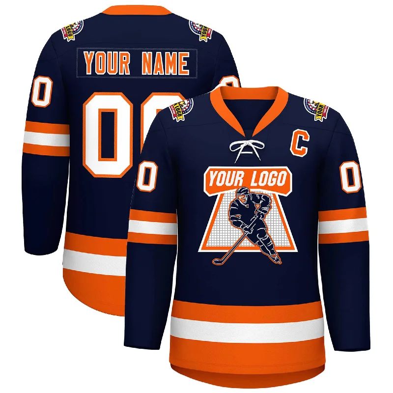 Custom Navy Orange-White Lace-Up Neck Hockey Jersey