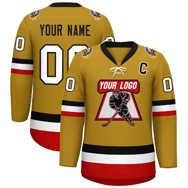 Custom Old Gold Black-White Lace-Up Neck Hockey Jersey