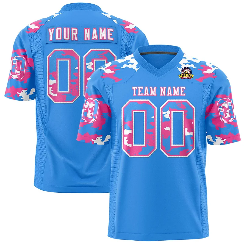 Custom Powder Blue White-Pink Personalized Camo Authentic Football Jersey