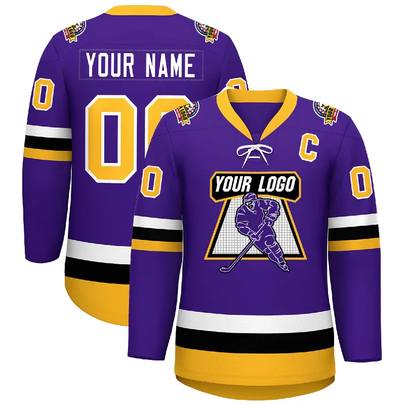 Custom Purple Gold-White Lace-Up Neck Hockey Jersey